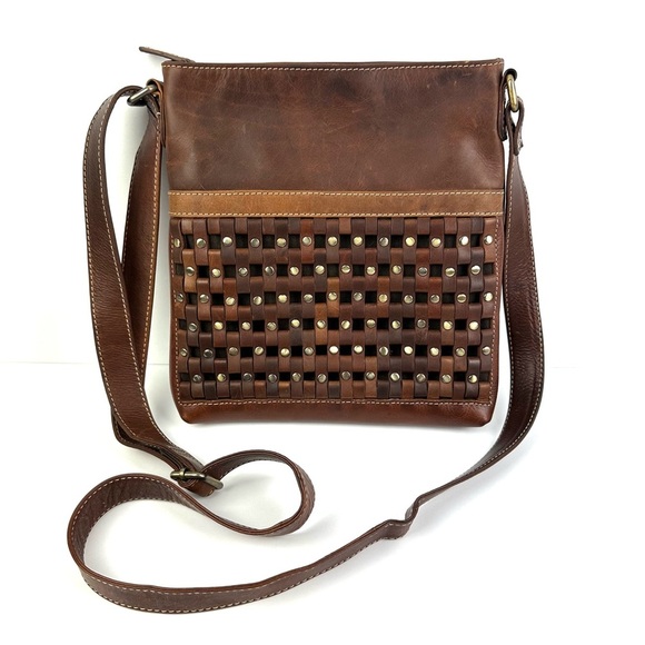 Rugged Earth Handbags - Rugged Earth Crossbody Bag Brown Leather Weave Brass Studded Handbag Purse
